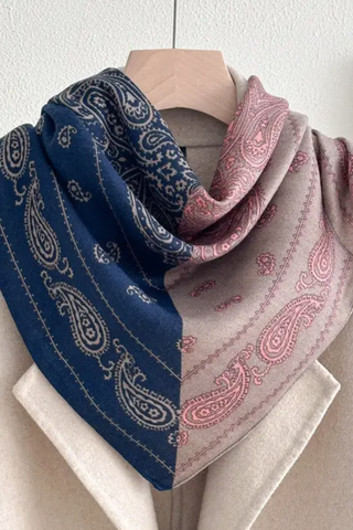 Retro Color Block Cashew Print Silk Scarf - Pink - Pink Blue
