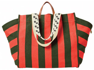 Canvas Stripe Beach Tote in Army/Bright Poppy