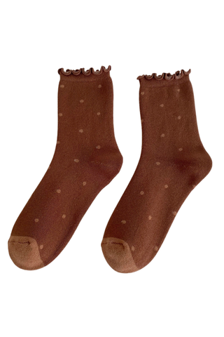 Cute Polka Dots Ruffle Crew Socks- Coffee - Coffee