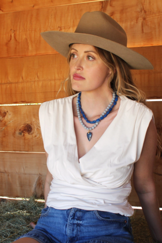 Denim Heart Beaded Necklace - Handmade Jewelry - Denim