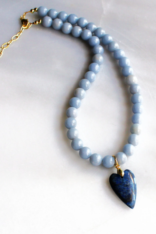 Denim Heart Beaded Necklace - Handmade Jewelry - Denim