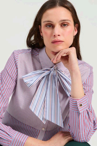 Pinstripe Bow Button Up