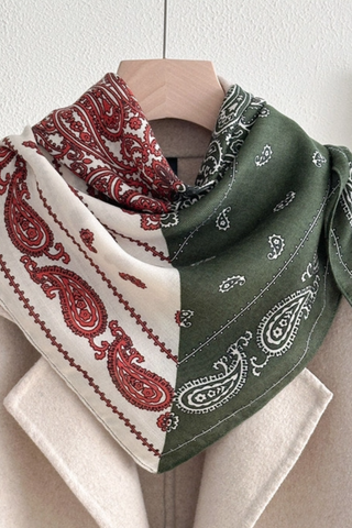 Retro Color Block Cashew Print Silk Scarf - Green - Green Red