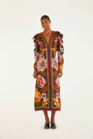 Chenille Flowers Black Midi Dress
