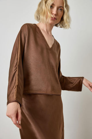 Satin V-Neck Dolman in Chocolate