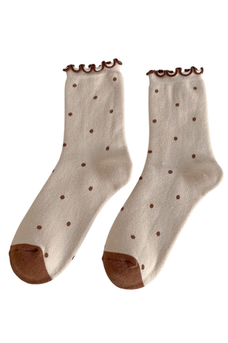 Cute Polka Dots Ruffle Crew Socks - Beige - Beige