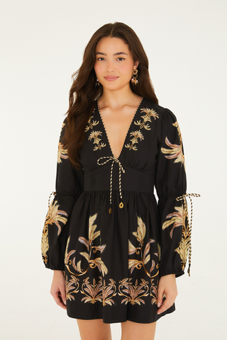 Carnaval Feathers Black Long Sleeve Mini Dress