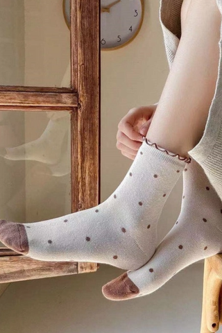 Cute Polka Dots Ruffle Crew Socks - Beige - Beige