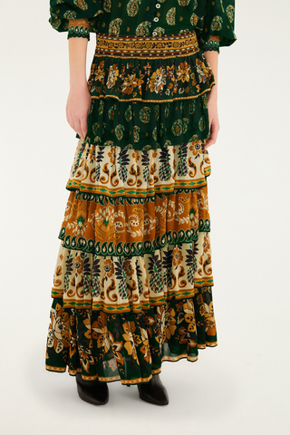 Aylay Green Mixed Scarves Ruffled Maxi Skirt